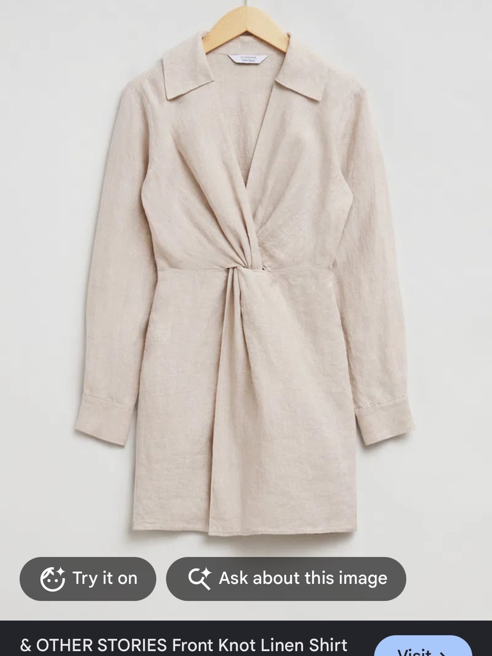 & Other Stories Neutral Beige Front-Knot Linen Mini Dress